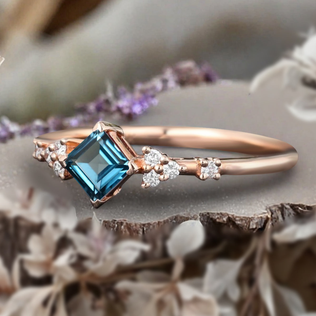 Princess cut Aquamarine ring 925 sterling silver ring 4 prong stones Simulated Moissanite anniversary gift