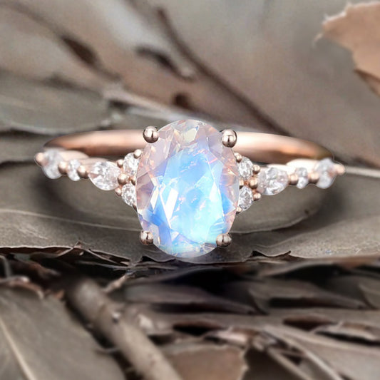 Vintage Unique Moonstone Ring 14K Rose Gold Oval Cut Women Danity Moonstone Moissanite Promise Ring
