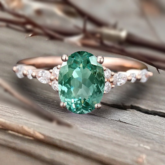 Vintage Unique Tsavorite Ring 14K Rose Gold Oval Cut Women Danity Tsavorite Moissanite Promise Ring