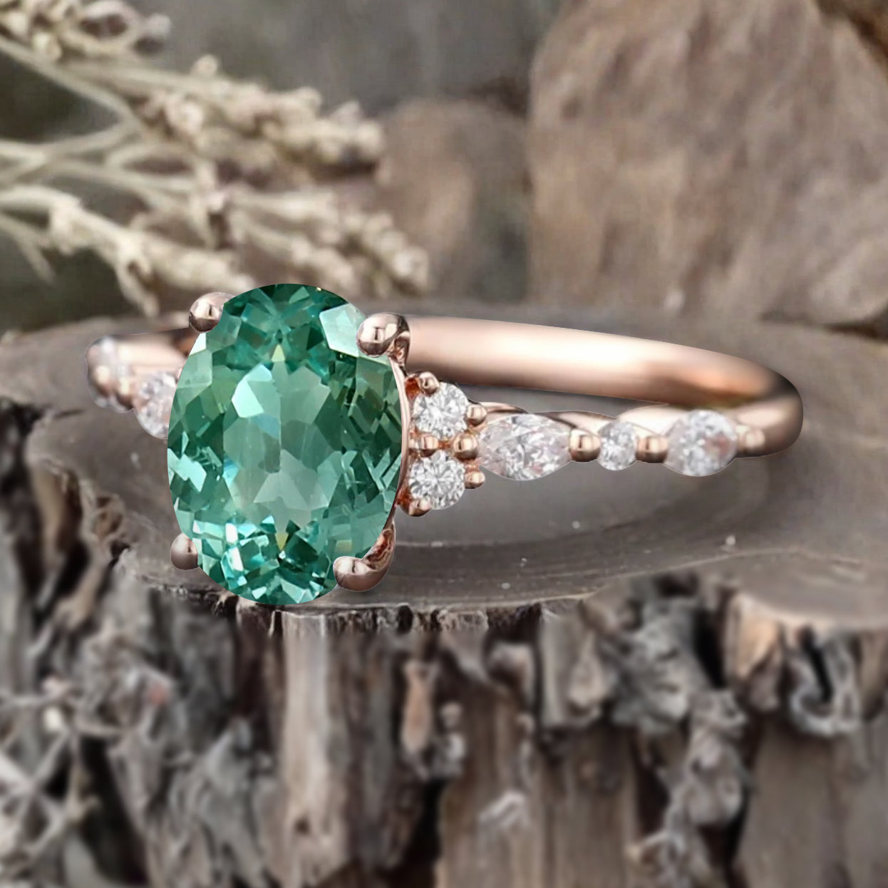Vintage Unique Tsavorite Ring 14K Rose Gold Oval Cut Women Danity Tsavorite Moissanite Promise Ring