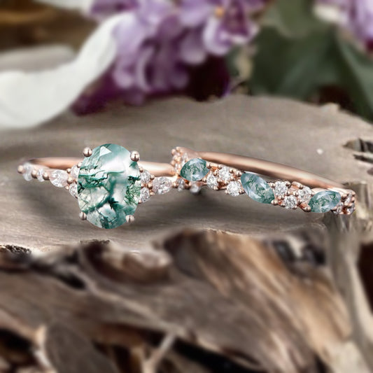 Vintage Unique Moss Agate Ring Set 14K Rose Gold Oval Cut Women Danity Moss Agate Moissanite Promise Ring Set