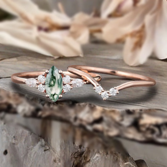 Unique Marquise Cut Moss Agate Wedding Ring Set 14K Solid Gold Ring Unique Green Agate Bridal Ring Set Art Deco Stackable Ring