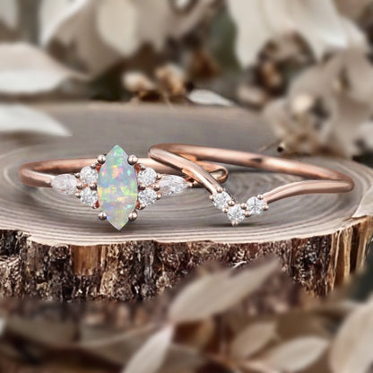 Unique Marquise Cut Opal Wedding Ring Set 14K Solid Gold Ring Unique Pink White Agate Bridal Ring Set Art Deco Stackable Ring