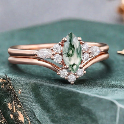 Unique Marquise Cut Moss Agate Wedding Ring Set 14K Solid Gold Ring Unique Green Agate Bridal Ring Set Art Deco Stackable Ring