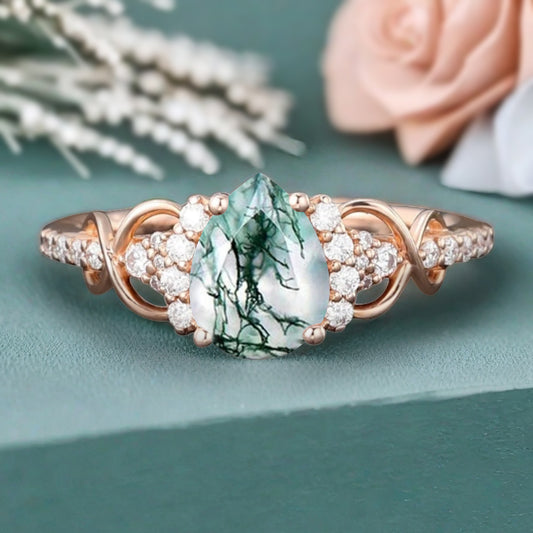 Vintage Moss Agate Ring Unique Pear Cut Engagement Moissanite Cluster Wedding Promise Ring For Women Delicate Gemstone Ring