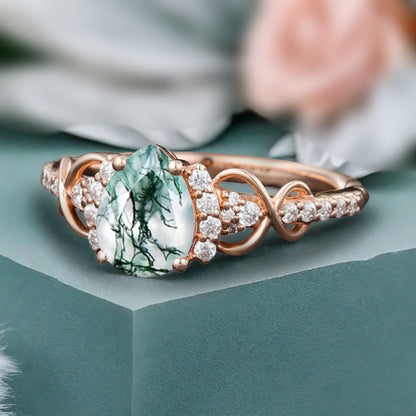 Vintage Moss Agate Ring Unique Pear Cut Engagement Moissanite Cluster Wedding Promise Ring For Women Delicate Gemstone Ring