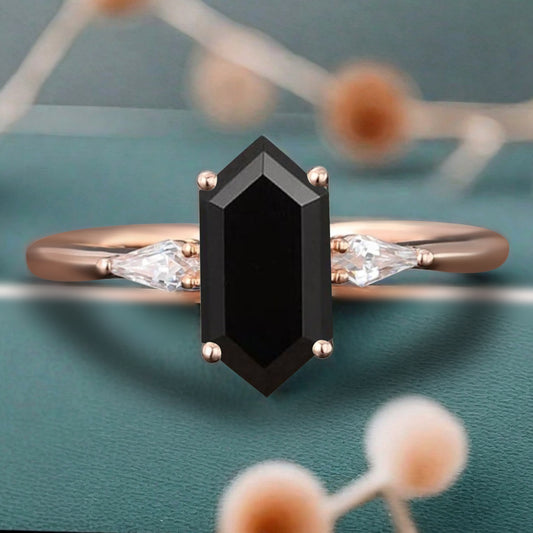 Vintage Hexagon Cut Black Onyx Ring Moissanite Engagement Ring Unique Promise Bridal Ring