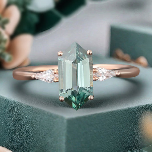 Vintage Hexagon Cut Tsavorite Ring Moissanite Engagement Ring Unique Promise Bridal Ring