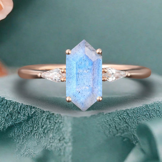 Vintage Hexagon Cut Labradorite Ring Moissanite Engagement Ring Unique Promise Bridal Ring