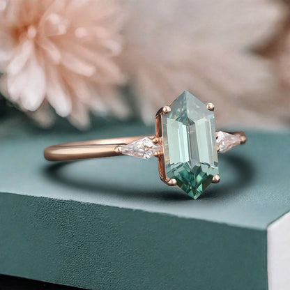 Vintage Hexagon Cut Tsavorite Ring Moissanite Engagement Ring Unique Promise Bridal Ring