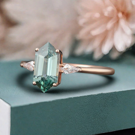 Vintage Hexagon Cut Tsavorite Ring Moissanite Engagement Ring Unique Promise Bridal Ring