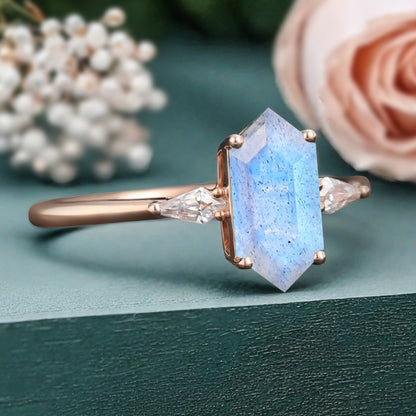 Vintage Hexagon Cut Labradorite Ring Moissanite Engagement Ring Unique Promise Bridal Ring