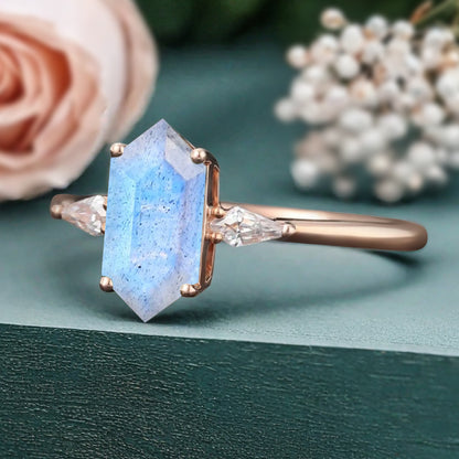 Vintage Hexagon Cut Labradorite Ring Moissanite Engagement Ring Unique Promise Bridal Ring