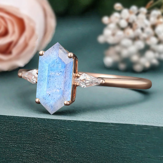 Vintage Hexagon Cut Labradorite Ring Moissanite Engagement Ring Unique Promise Bridal Ring