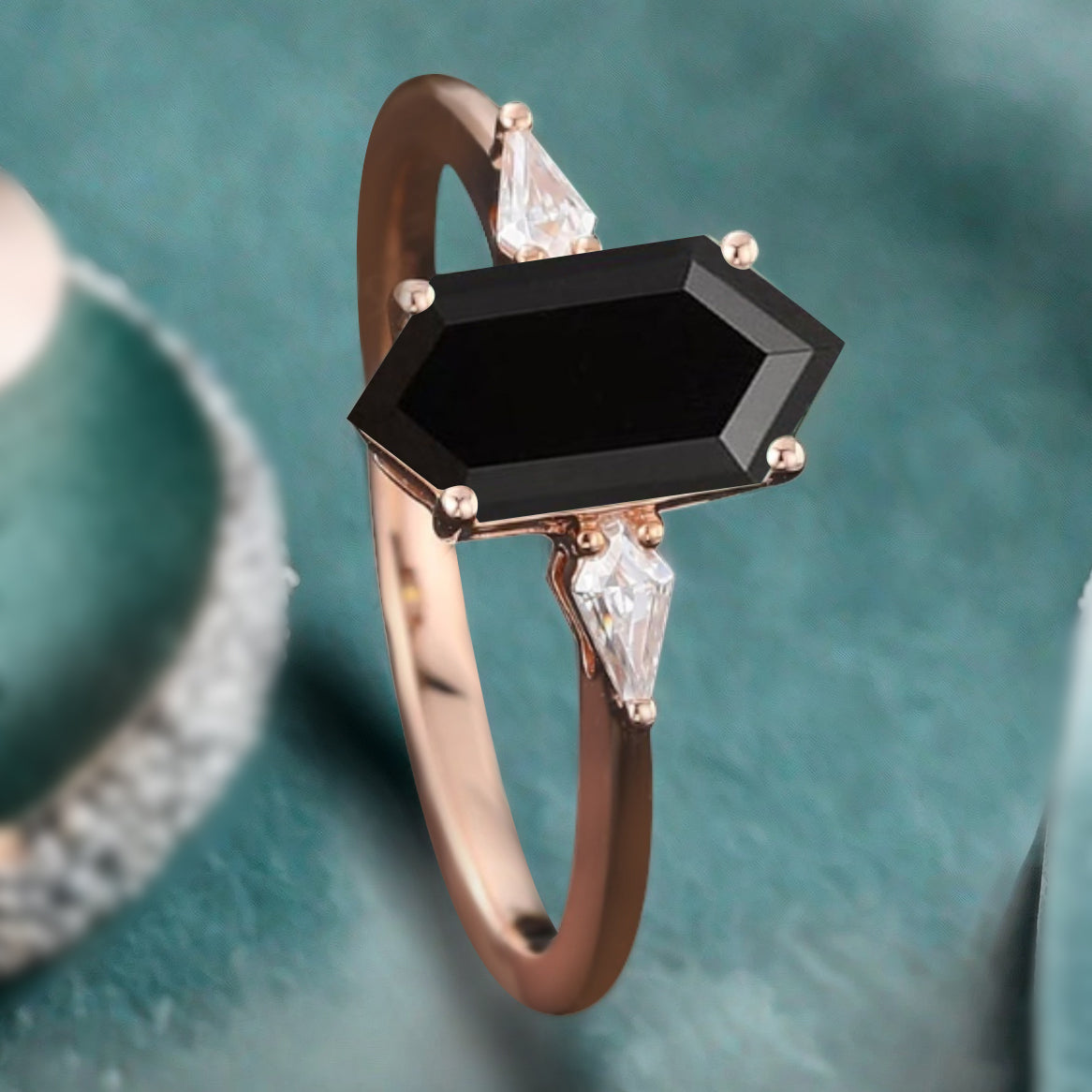 Vintage Hexagon Cut Black Onyx Ring Moissanite Engagement Ring Unique Promise Bridal Ring