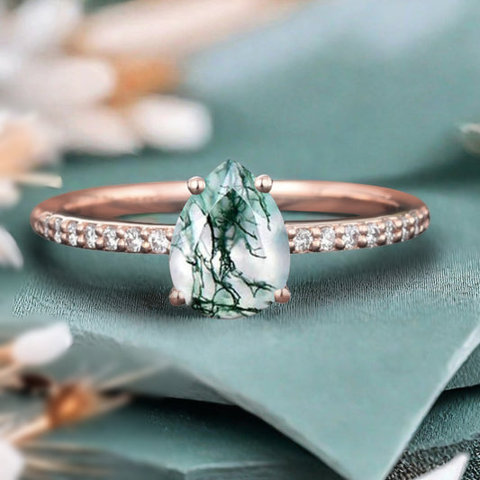 Unique Pear Cut Moss Agate Engagement Ring Vintage Green Agate Wedding Ring Delicate Green Moss Agate Ring Moissanite Cluster Ring For Women