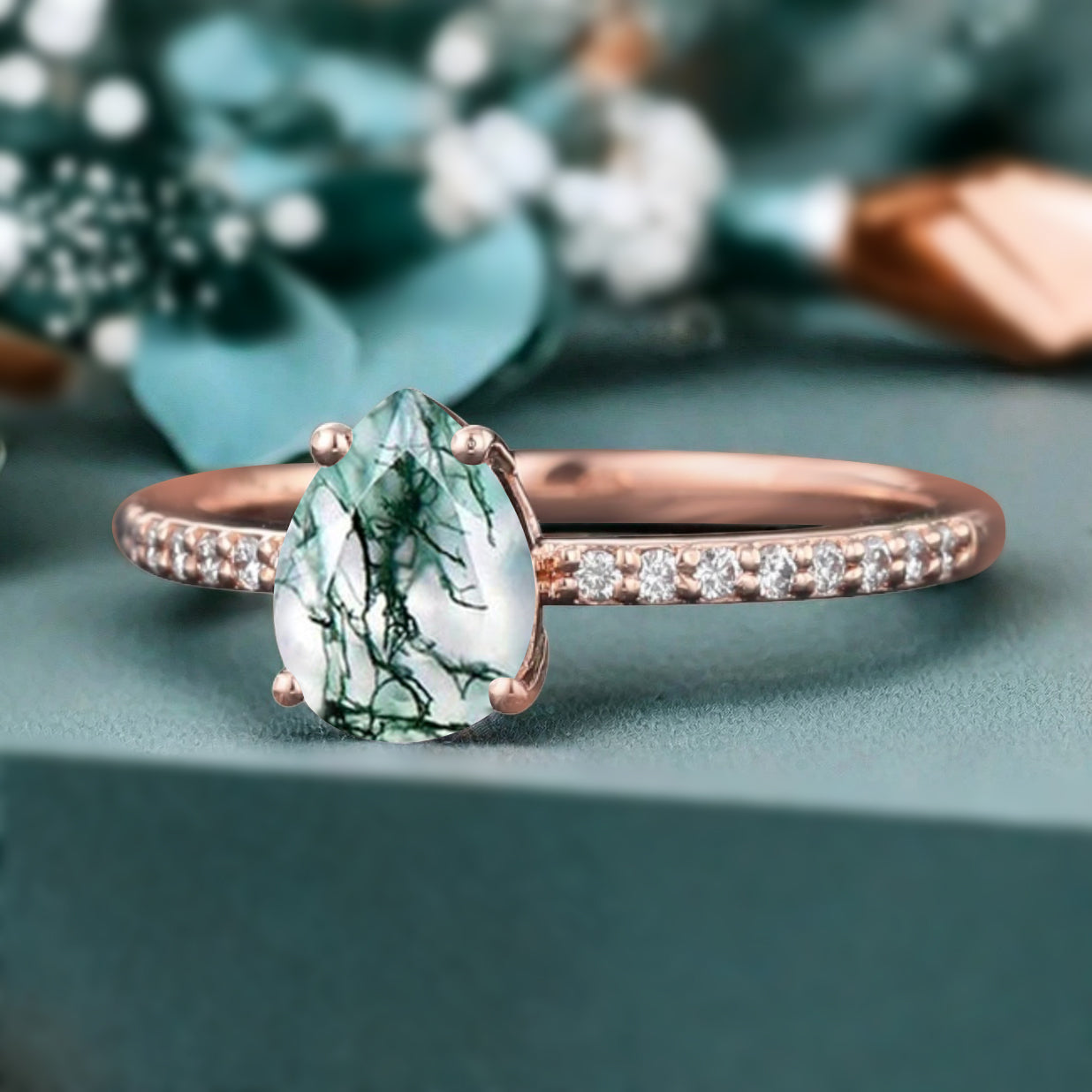 Unique Pear Cut Moss Agate Engagement Ring Vintage Green Agate Wedding Ring Delicate Green Moss Agate Ring Moissanite Cluster Ring For Women
