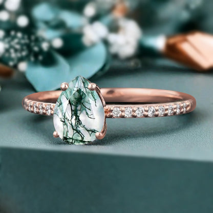 Unique Pear Cut Moss Agate Engagement Ring Vintage Green Agate Wedding Ring Delicate Green Moss Agate Ring Moissanite Cluster Ring For Women