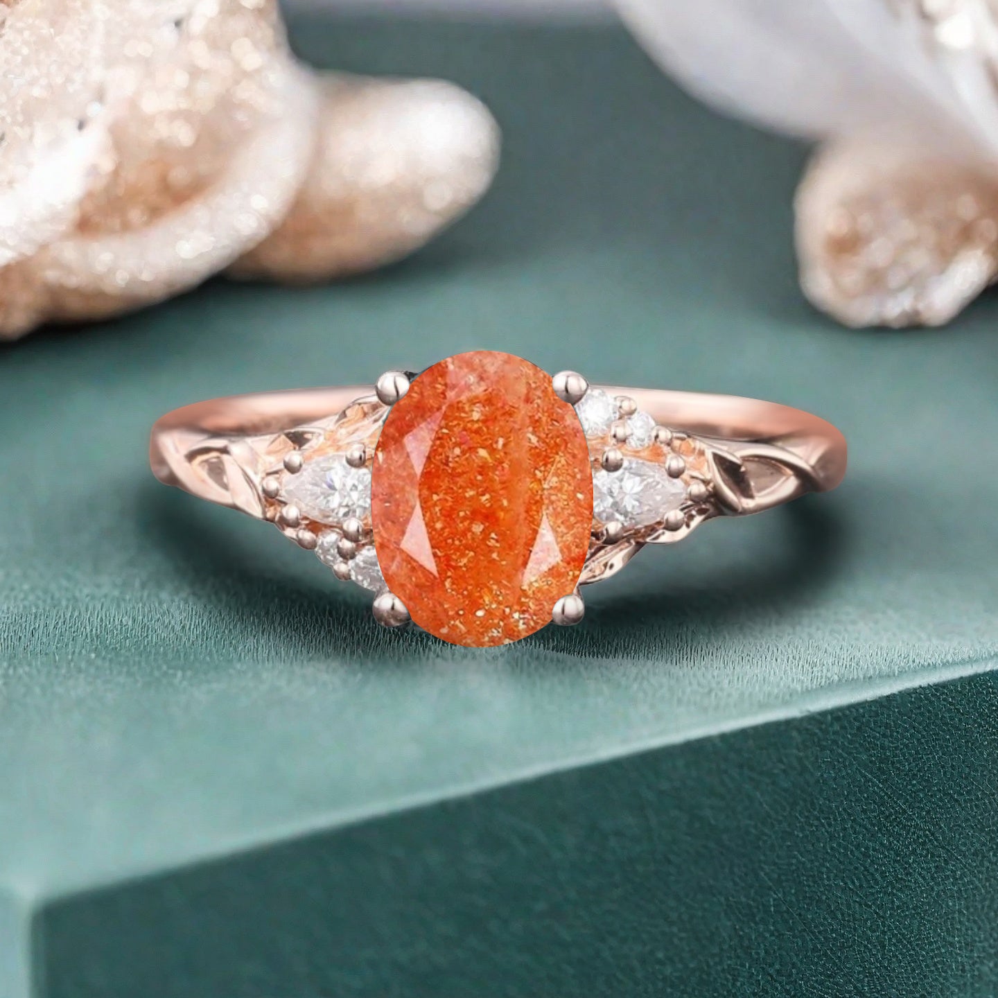 Bague de fiançailles vintage ovale en pierre de lune, bague de promesse unique en opale et moissanite