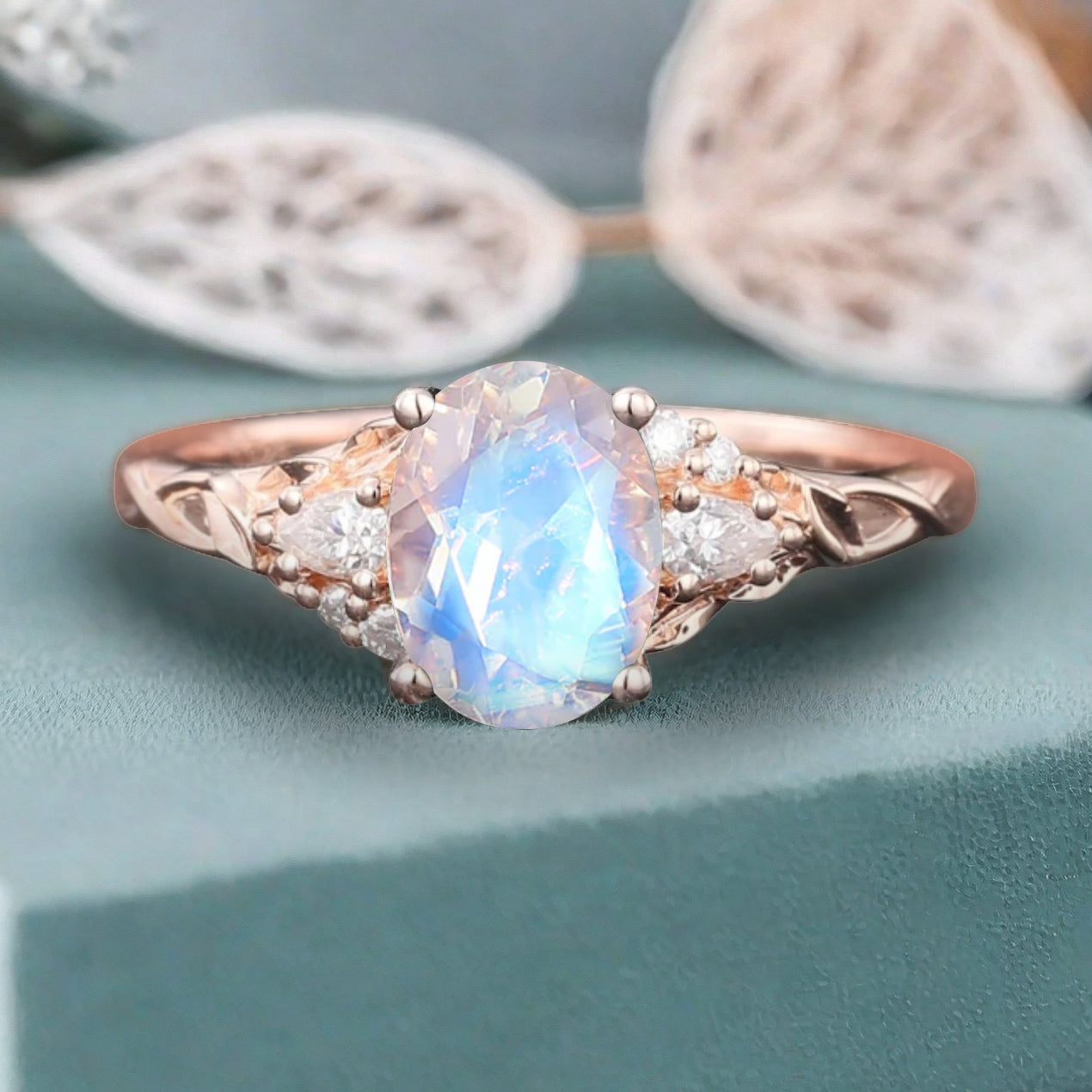 Vintage Oval Mondstein Verlobungsring Unikat Opal Moissanit Versprechensring
