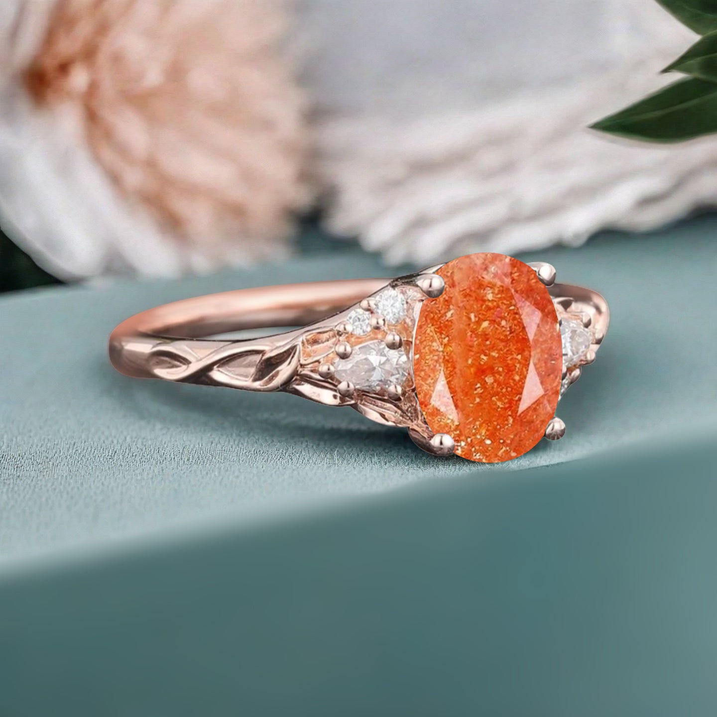 Bague de fiançailles vintage ovale en pierre de lune, bague de promesse unique en opale et moissanite