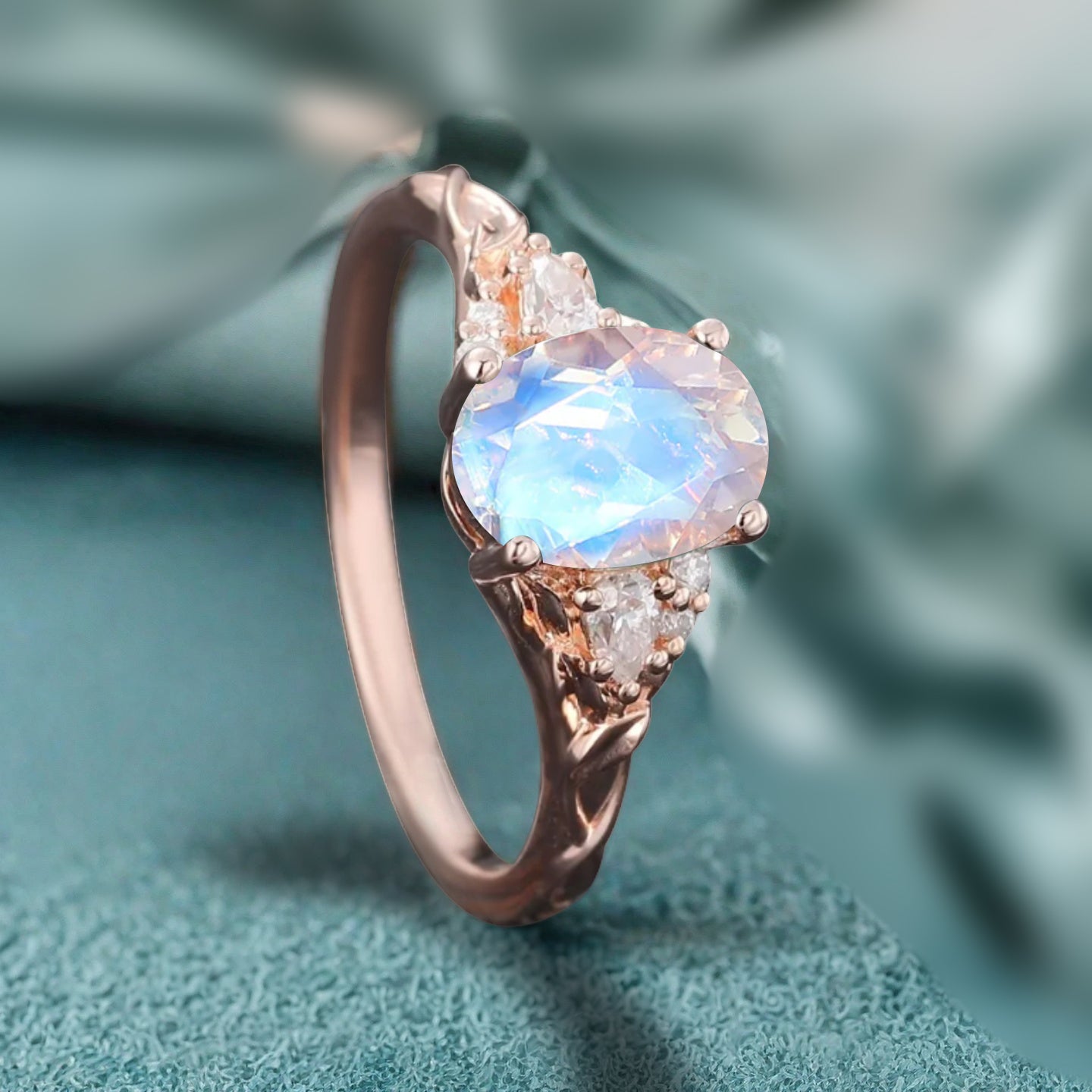 Vintage Oval Mondstein Verlobungsring Unikat Opal Moissanit Versprechensring