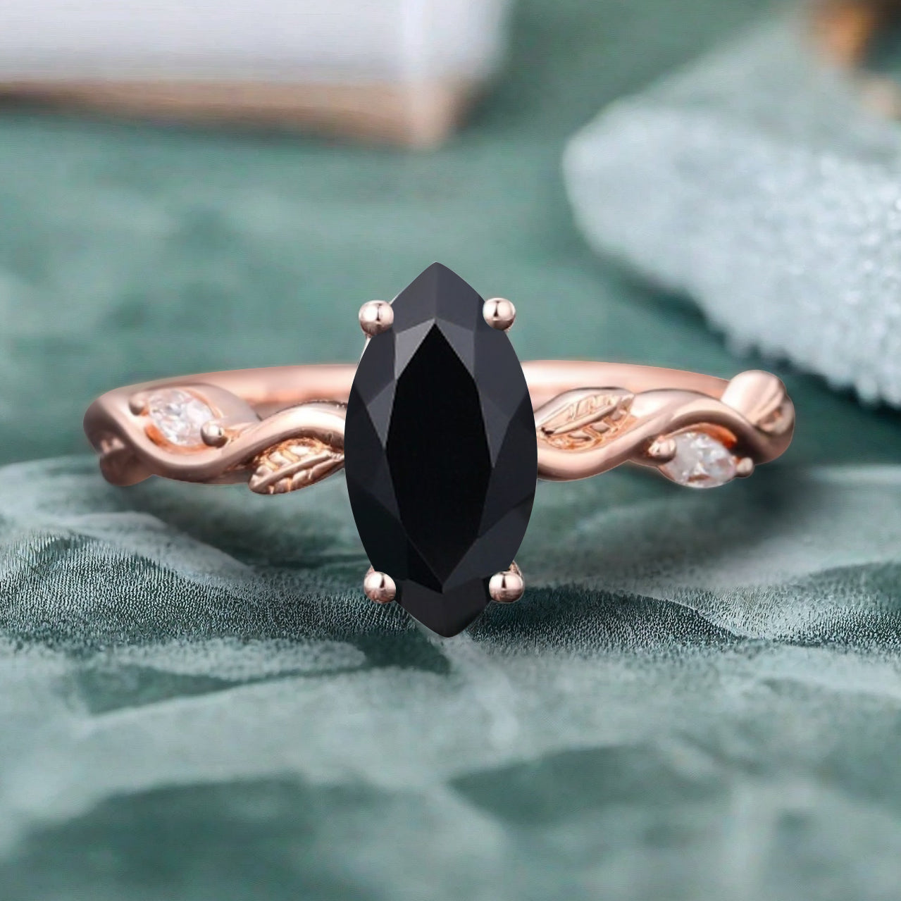 Marquise Black Onyx Engagement Ring Moissanite Cluster Promise Ring Rose Gold Art Deco Black Onyx Leaf Design Ring Anniversary Gift