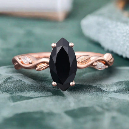 Marquise Black Onyx Engagement Ring Moissanite Cluster Promise Ring Rose Gold Art Deco Black Onyx Leaf Design Ring Anniversary Gift