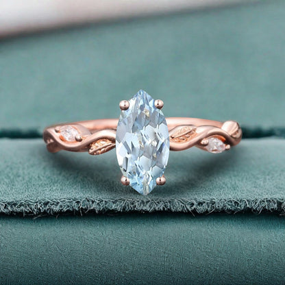 Marquise Aquamarine Engagement Ring Moissanite Cluster Promise Ring Rose Gold Art Deco Blue Aquamarine Leaf Design Ring Anniversary Gift