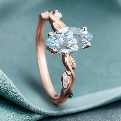 Marquise Aquamarine Engagement Ring Moissanite Cluster Promise Ring Rose Gold Art Deco Blue Aquamarine Leaf Design Ring Anniversary Gift