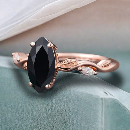 Marquise Black Onyx Engagement Ring Moissanite Cluster Promise Ring Rose Gold Art Deco Black Onyx Leaf Design Ring Anniversary Gift