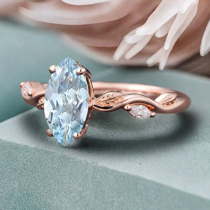 Marquise Aquamarine Engagement Ring Moissanite Cluster Promise Ring Rose Gold Art Deco Blue Aquamarine Leaf Design Ring Anniversary Gift