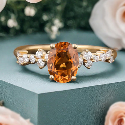 Unique Citrine Ring 14K Solid Gold Vintage Oval Orange Citrine Engagement Ring Art Deco Moissanite Promise Ring Anniversary Gift For Women