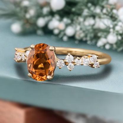 Unique Citrine Ring 14K Solid Gold Vintage Oval Orange Citrine Engagement Ring Art Deco Moissanite Promise Ring Anniversary Gift For Women