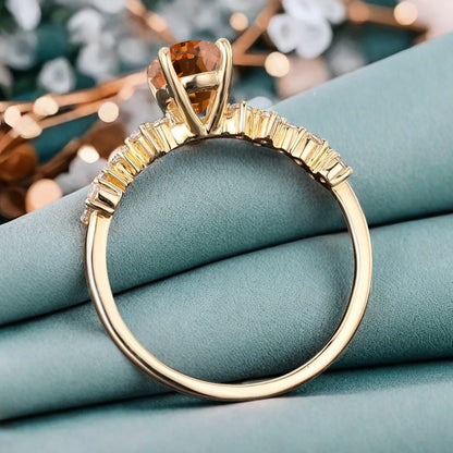 Unique Citrine Ring 14K Solid Gold Vintage Oval Orange Citrine Engagement Ring Art Deco Moissanite Promise Ring Anniversary Gift For Women
