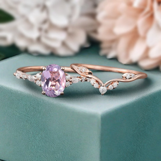 Oval Cut Amethyst Engagement Women Ring Vintage Violet Amethyst Rose Gold Art Deco Diamond Cluster Bridal Anniversary Wedding Ring Set