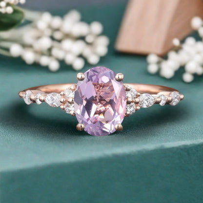Bague de fiançailles vintage ovale en pierre de lune, bague de promesse unique en opale et moissanite