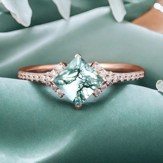 Princess Moss Agate Engagement Ring 14K Solid Gold Promise Ring Cluster Diamond Ring Unique Bridal Moissanite Promise Ring Gift For Her