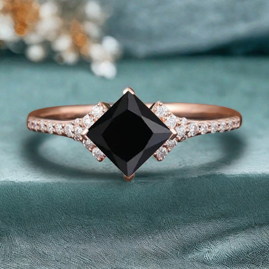 Princess Black Onyx Engagement Ring 14K Solid Gold Promise Ring Cluster Diamond Ring Unique Bridal Moissanite Promise Ring Gift For Her