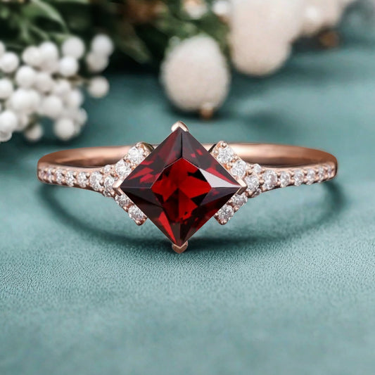 Princess Ruby Engagement Ring 14K Solid Gold Promise Ring Cluster Diamond Ring Unique Bridal Moissanite Promise Ring Gift For Her