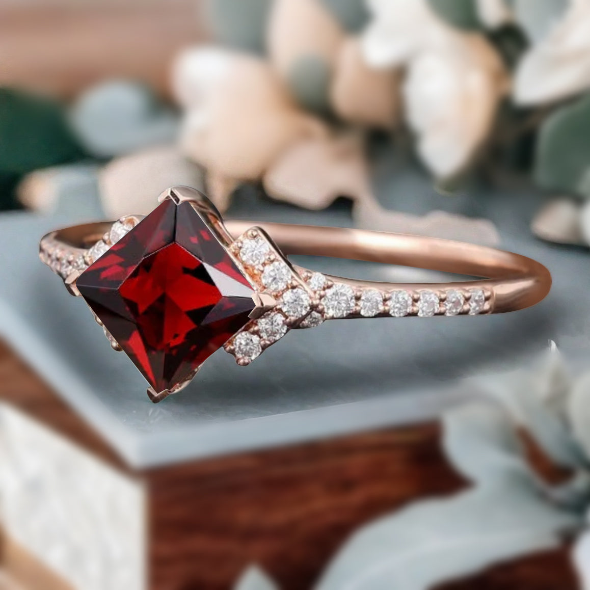 Princess Ruby Engagement Ring 14K Solid Gold Promise Ring Cluster Diamond Ring Unique Bridal Moissanite Promise Ring Gift For Her