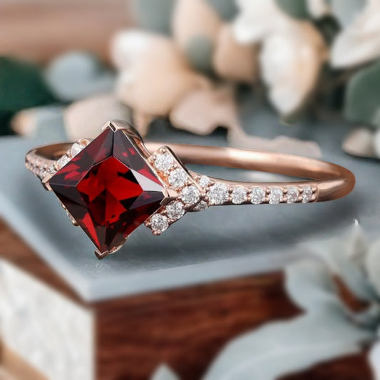 Princess Ruby Engagement Ring 14K Solid Gold Promise Ring Cluster Diamond Ring Unique Bridal Moissanite Promise Ring Gift For Her