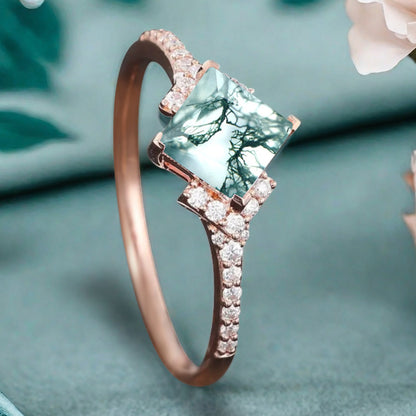 Princess Moss Agate Engagement Ring 14K Solid Gold Promise Ring Cluster Diamond Ring Unique Bridal Moissanite Promise Ring Gift For Her
