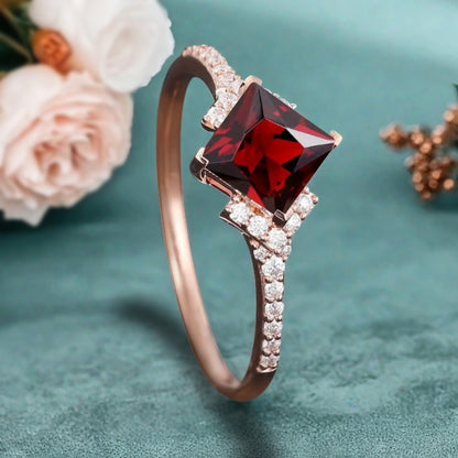 Princess Ruby Engagement Ring 14K Solid Gold Promise Ring Cluster Diamond Ring Unique Bridal Moissanite Promise Ring Gift For Her