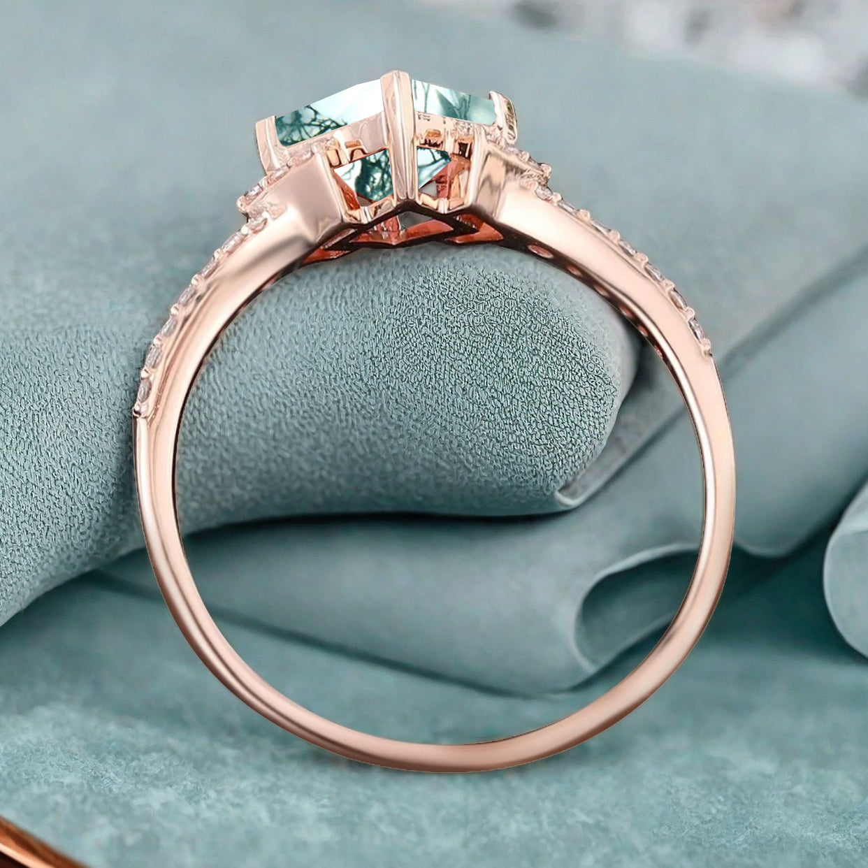 Princess Moss Agate Engagement Ring 14K Solid Gold Promise Ring Cluster Diamond Ring Unique Bridal Moissanite Promise Ring Gift For Her