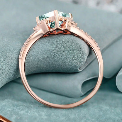 Princess Moss Agate Engagement Ring 14K Solid Gold Promise Ring Cluster Diamond Ring Unique Bridal Moissanite Promise Ring Gift For Her