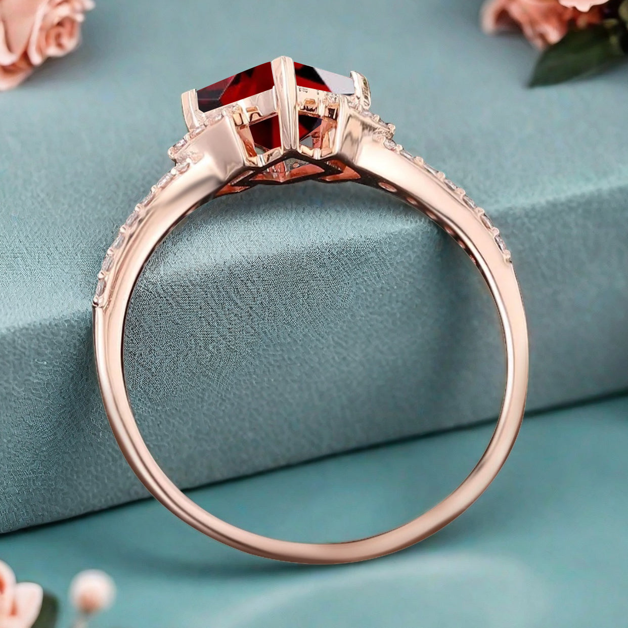 Princess Ruby Engagement Ring 14K Solid Gold Promise Ring Cluster Diamond Ring Unique Bridal Moissanite Promise Ring Gift For Her