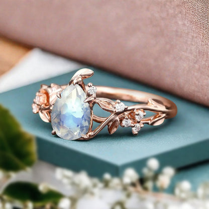 Unique Pear Cut Moonstone Engagement Women Ring Vintage Rose Gold Art Deco Cluster Leaf Nature Inspired Bridal Wedding Ring