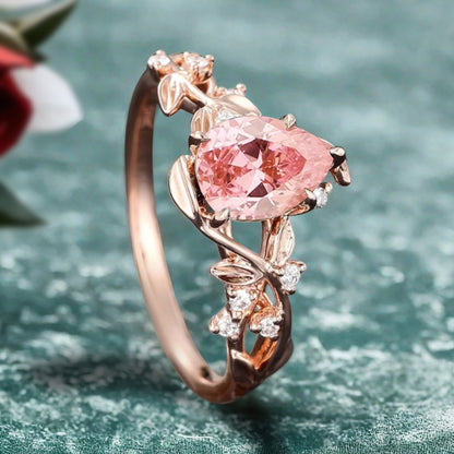 Unique Pear Cut Pink Sapphire Engagement Women Ring Vintage Rose Gold Art Deco Cluster Leaf Nature Inspired Bridal Wedding Ring