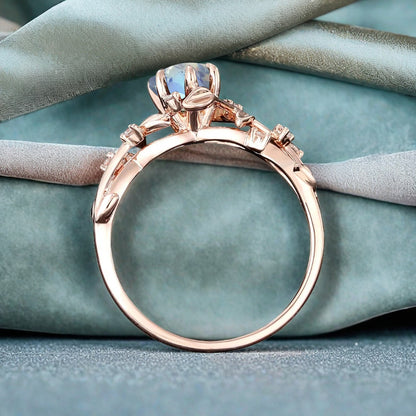 Unique Pear Cut Moonstone Engagement Women Ring Vintage Rose Gold Art Deco Cluster Leaf Nature Inspired Bridal Wedding Ring